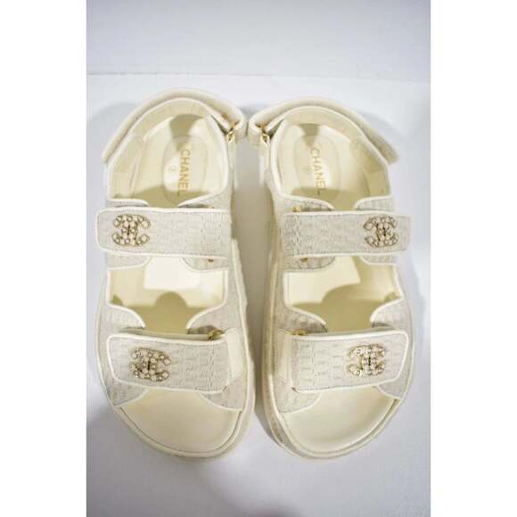 Chanel 22S Ivory White Knit CC Logo Mule Slide Strap Flat Dad Teva Sandal 36.5 - Picture 7 of 11